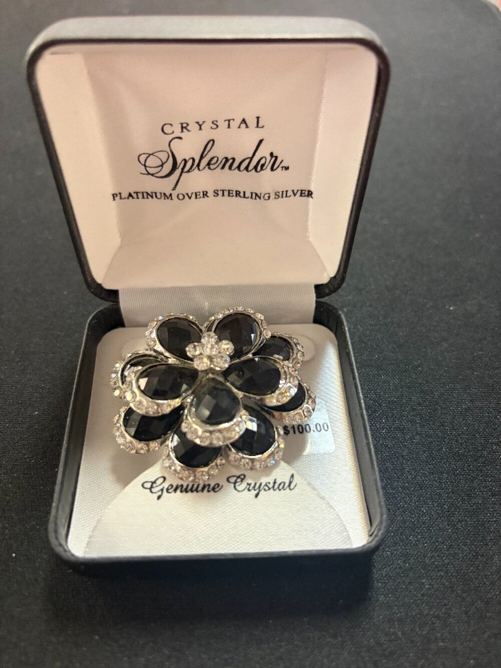 Crystal Splendor Black&White Crystal Floral Brooch Platinum Over Sterling Silver